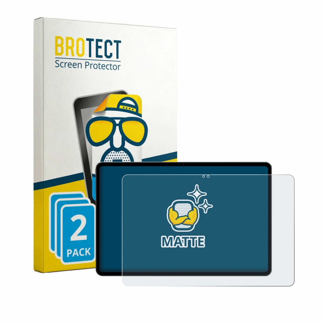 Parte frontal de un envase de producto con el logotipo de la marca BROTECT. Al lado se muestra el dispositivo Alldocube iPlay