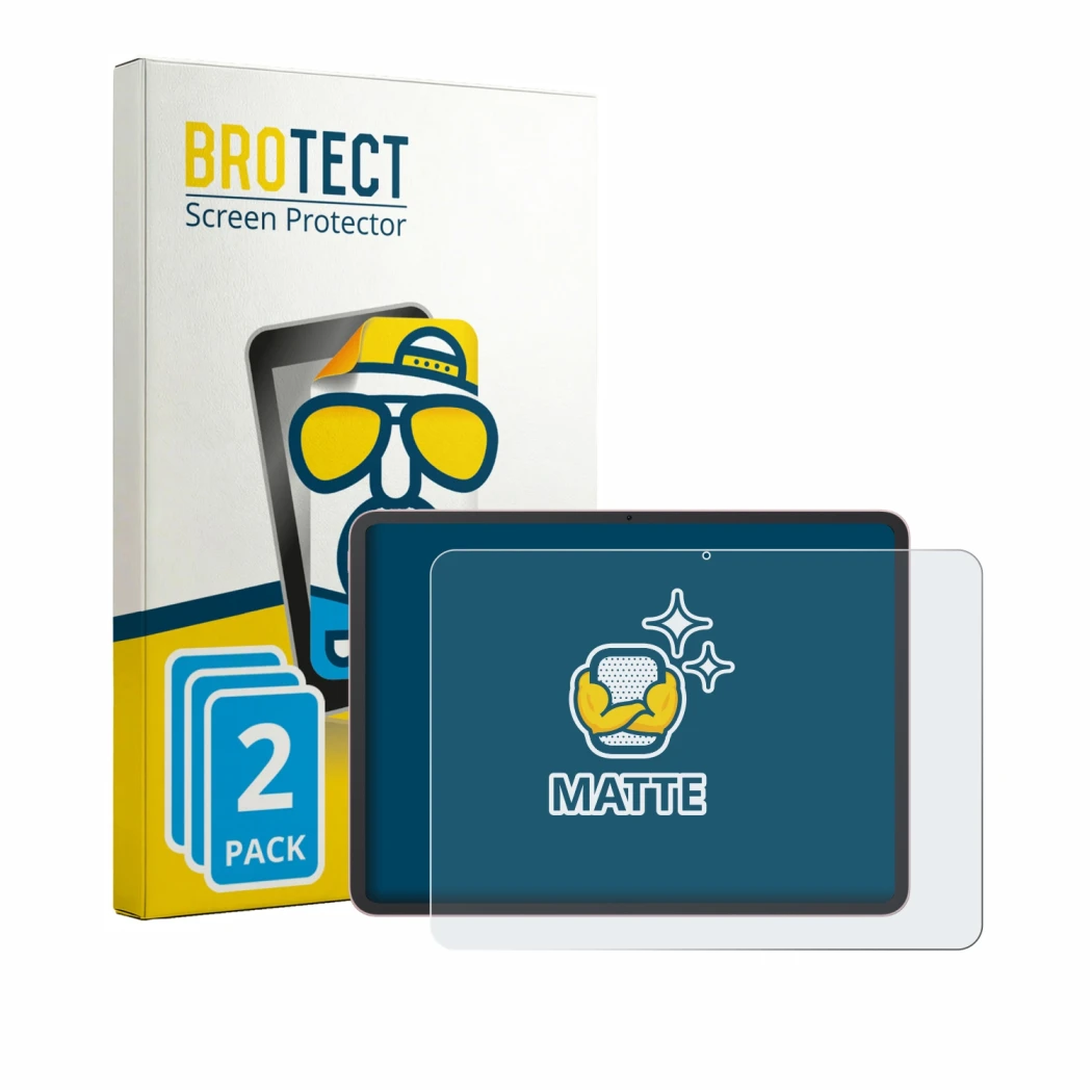 Parte frontal de un envase de producto con el logotipo de la marca BROTECT. Al lado se muestra el dispositivo Oppo Pad 5 con s