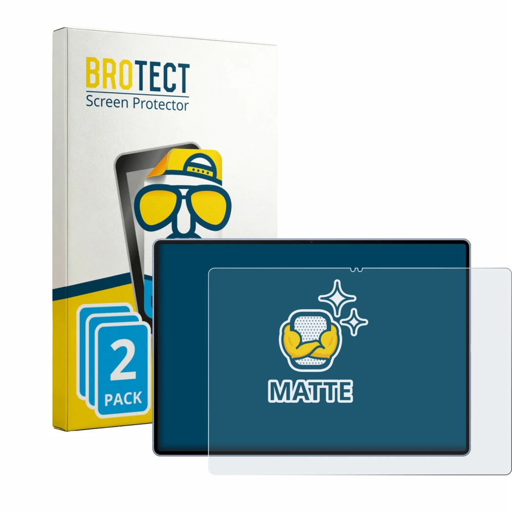 Parte frontal de un envase de producto con el logotipo de la marca BROTECT. Al lado se muestra el dispositivo Huawei MatePad P