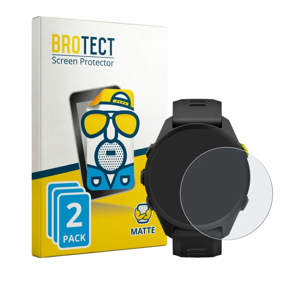 Parte frontal de un envase de producto con el logotipo de la marca BROTECT. Al lado se muestra el dispositivo Garmin Forerunne