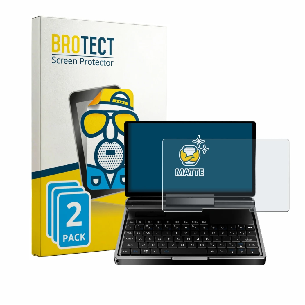 Parte frontal de un envase de producto con el logotipo de la marca BROTECT. Al lado se muestra el dispositivo GPD MicroPC 2 co