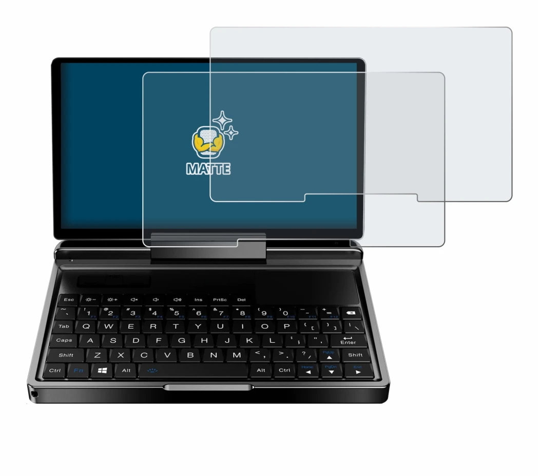 Imagen del dispositivo GPD MicroPC 2 con una amplia variedad de protectores de pantalla.