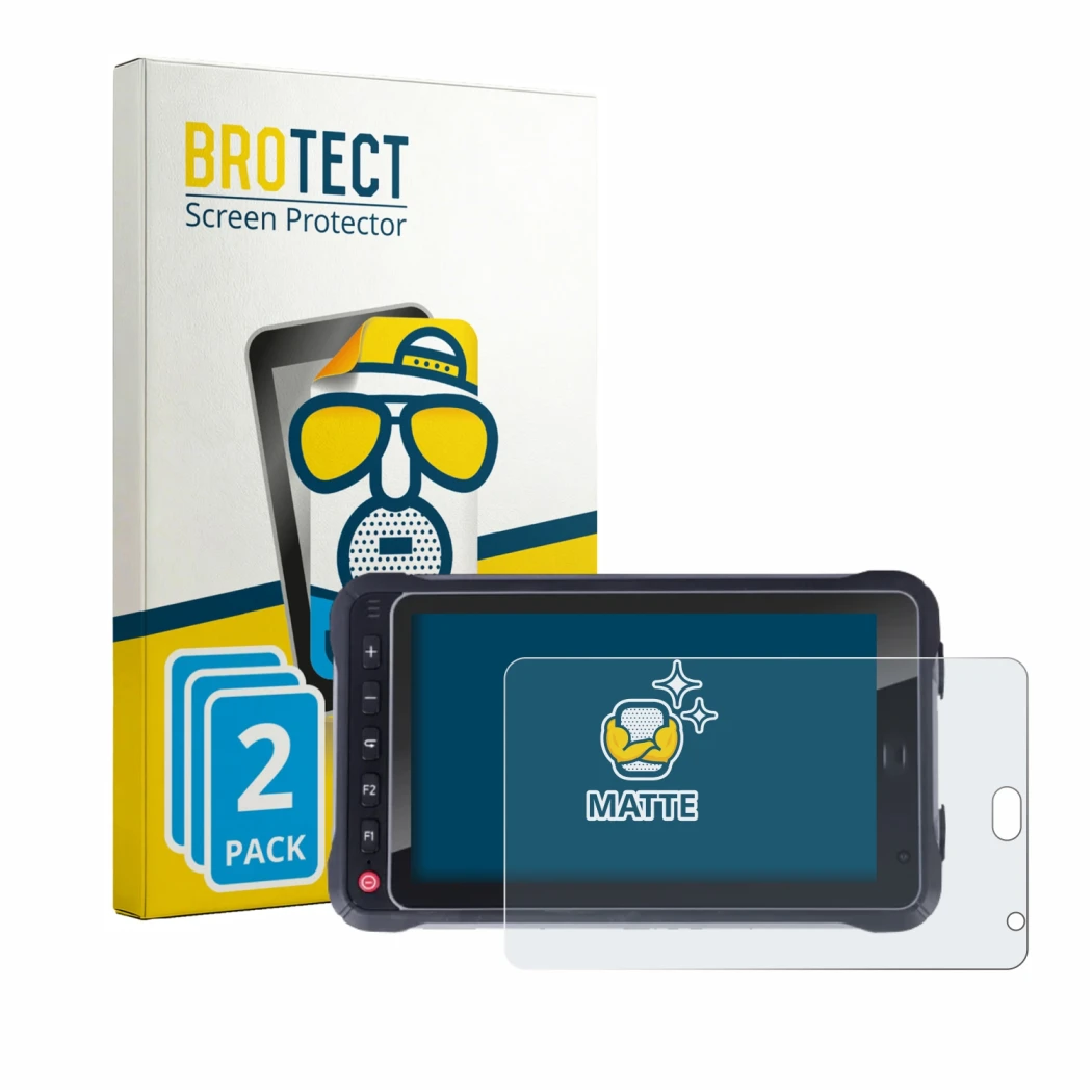 Parte frontal de un envase de producto con el logotipo de la marca BROTECT. Al lado se muestra el dispositivo Hugerock X72 con