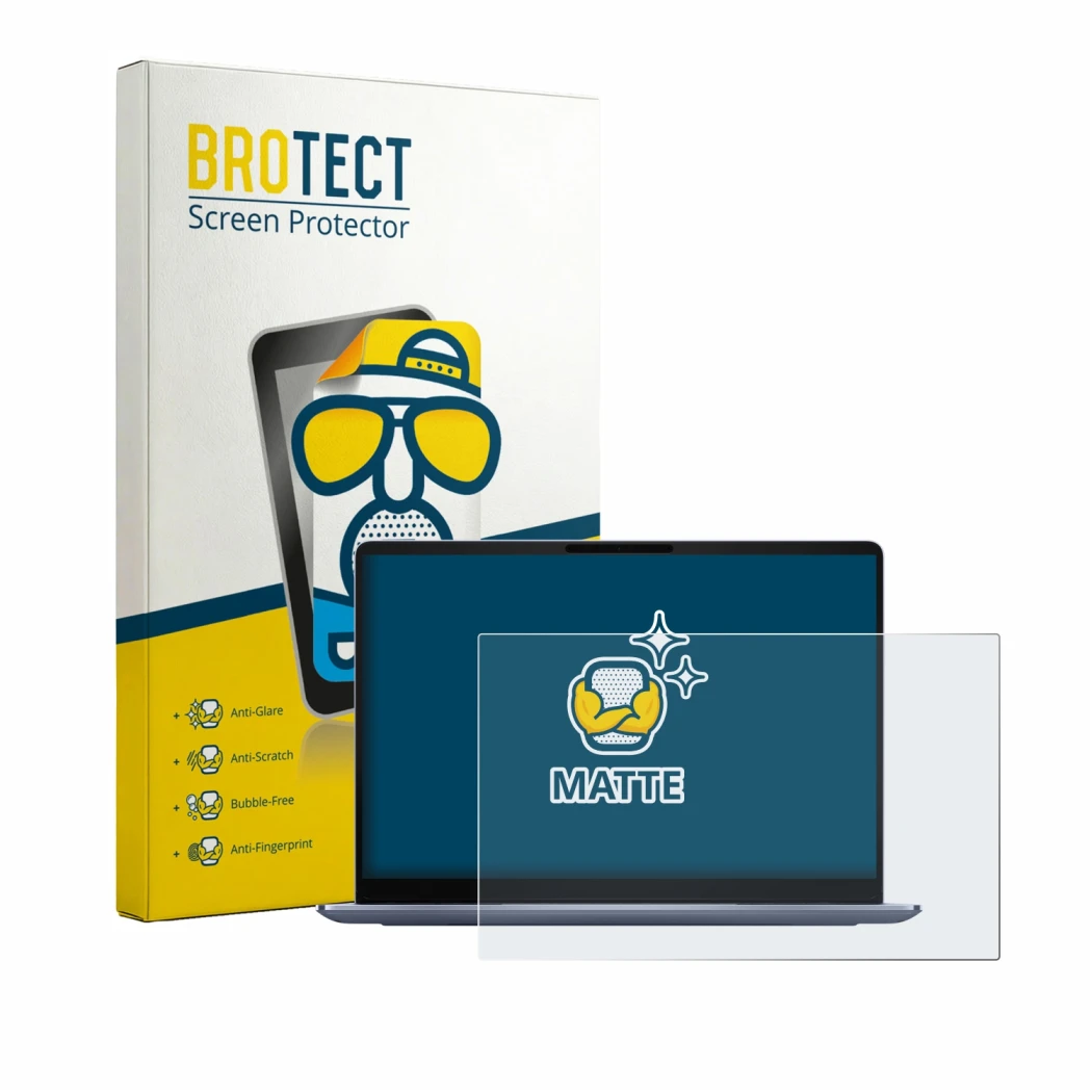 Parte frontal de un envase de producto con el logotipo de la marca BROTECT. Al lado se muestra el dispositivo Dell 14S DS14260