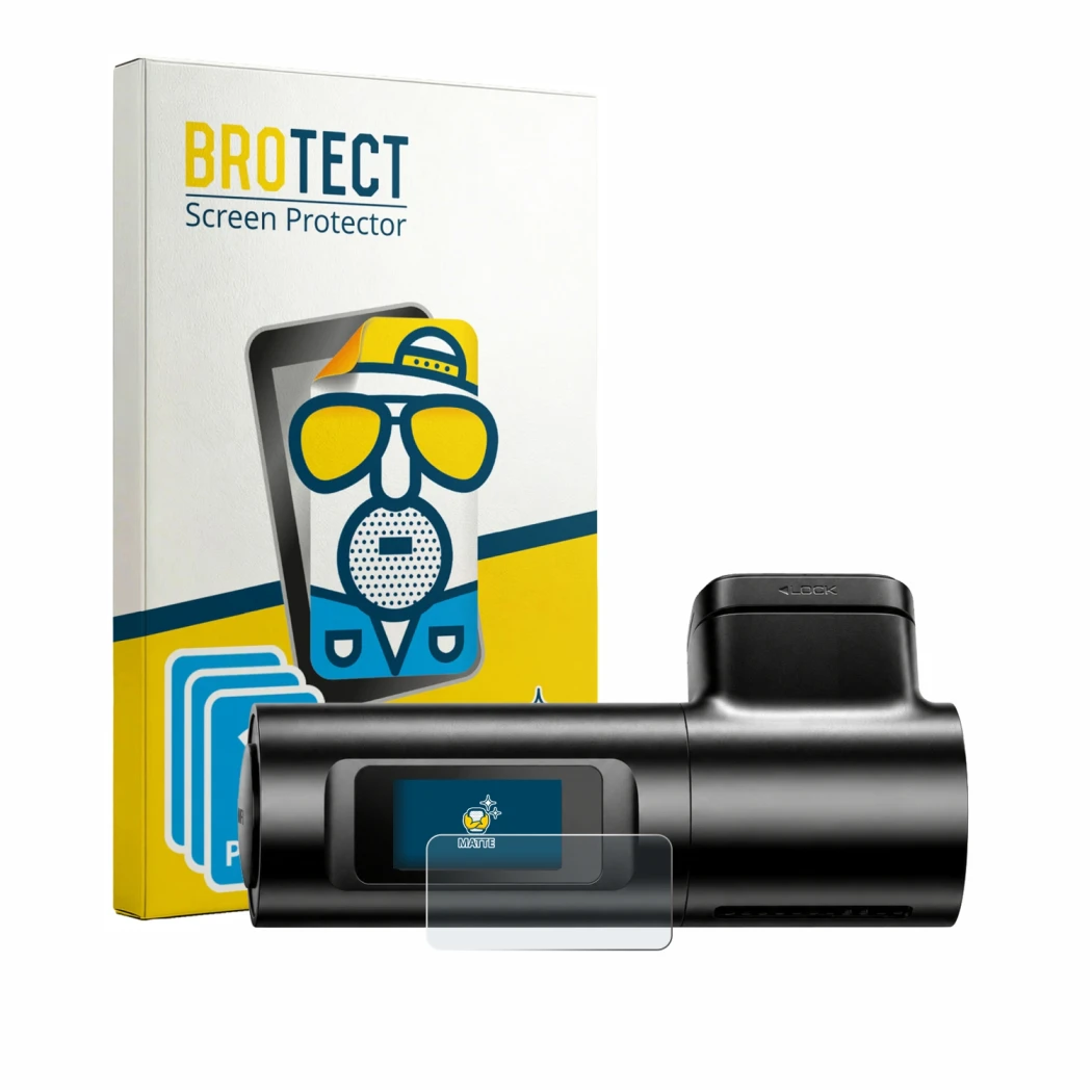 Parte frontal de un envase de producto con el logotipo de la marca BROTECT. Al lado se muestra el dispositivo Azdome M330 con