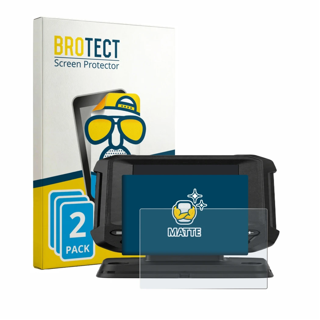 Parte frontal de un envase de producto con el logotipo de la marca BROTECT. Al lado se muestra el dispositivo Lowrance Eagle 4