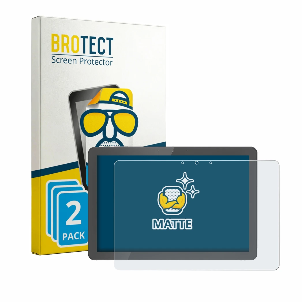 Parte frontal de un envase de producto con el logotipo de la marca BROTECT. Al lado se muestra el dispositivo Awow Aibook 11 c
