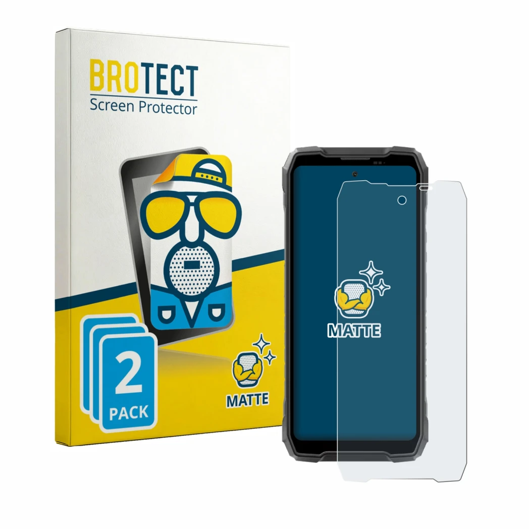 Parte frontal de un envase de producto con el logotipo de la marca BROTECT. Al lado se muestra el dispositivo Blackview Rock 5