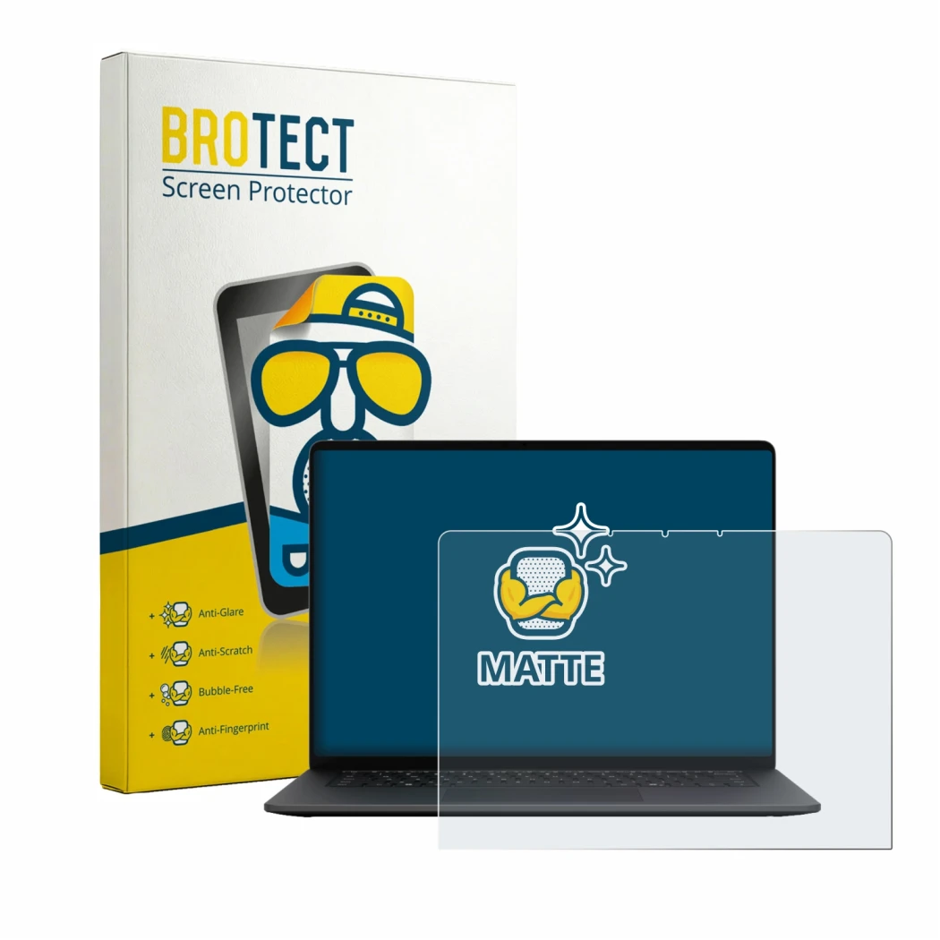 Parte frontal de un envase de producto con el logotipo de la marca BROTECT. Al lado se muestra el dispositivo Microsoft Surfac