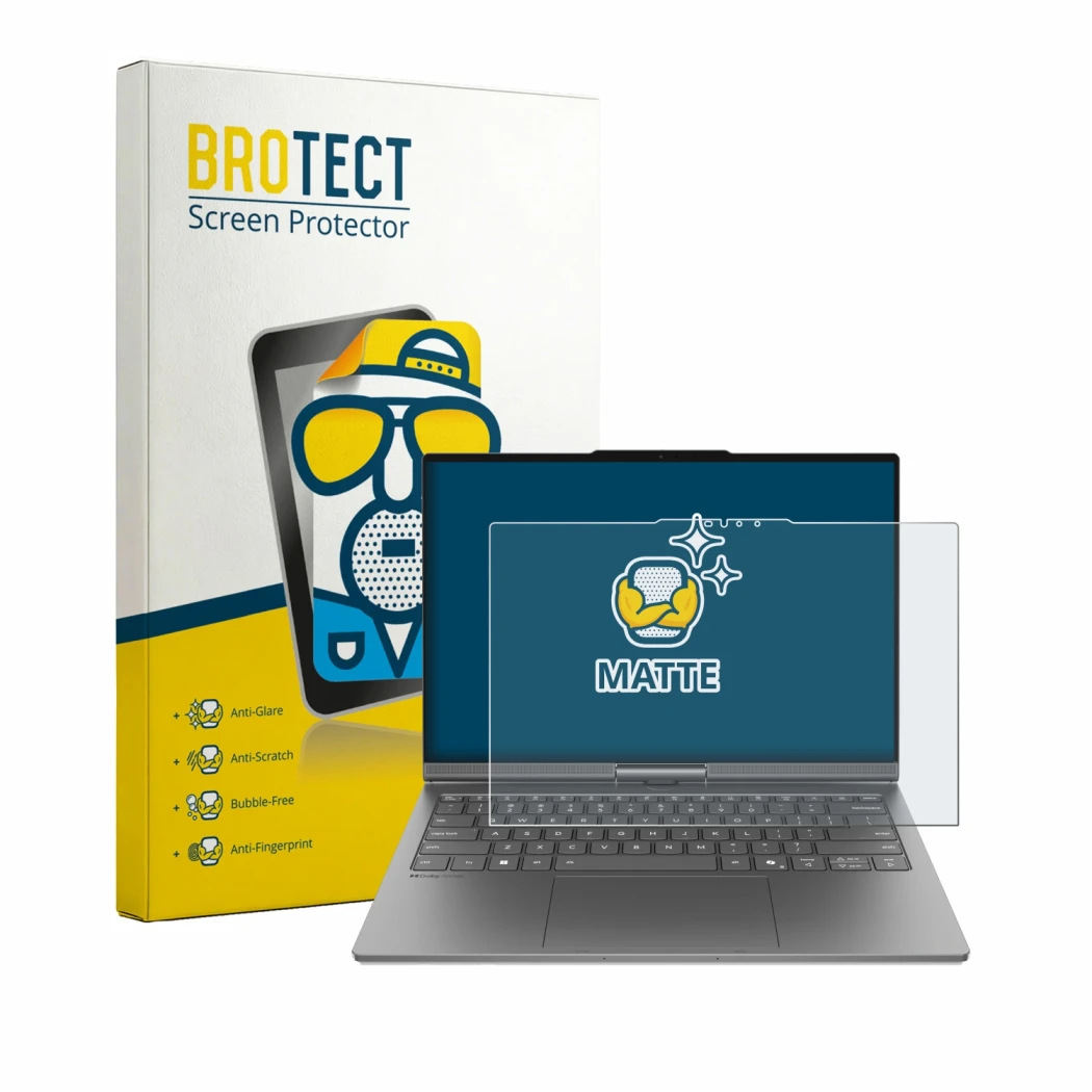 Parte frontal de un envase de producto con el logotipo de la marca BROTECT. Al lado se muestra el dispositivo Lenovo ThinkBook