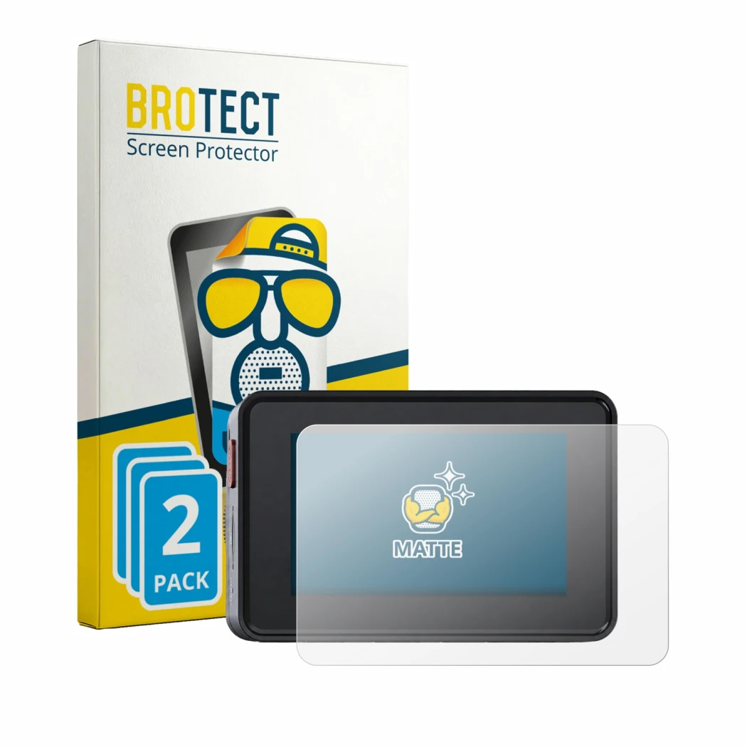 Parte frontal de un envase de producto con el logotipo de la marca BROTECT. Al lado se muestra el dispositivo Vantrue Element 