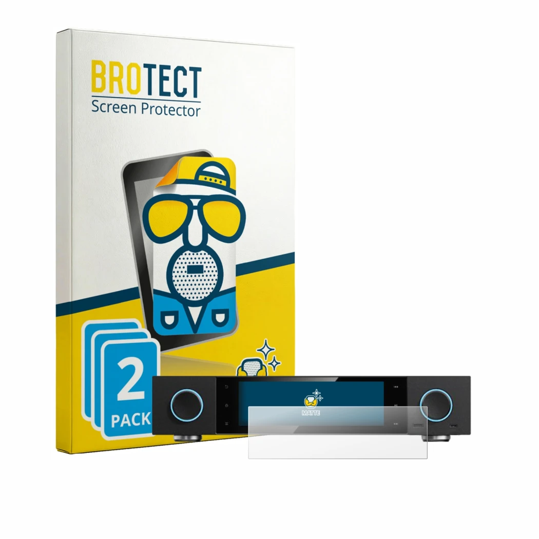 Parte frontal de un envase de producto con el logotipo de la marca BROTECT. Al lado se muestra el dispositivo FiiO S15 con su 