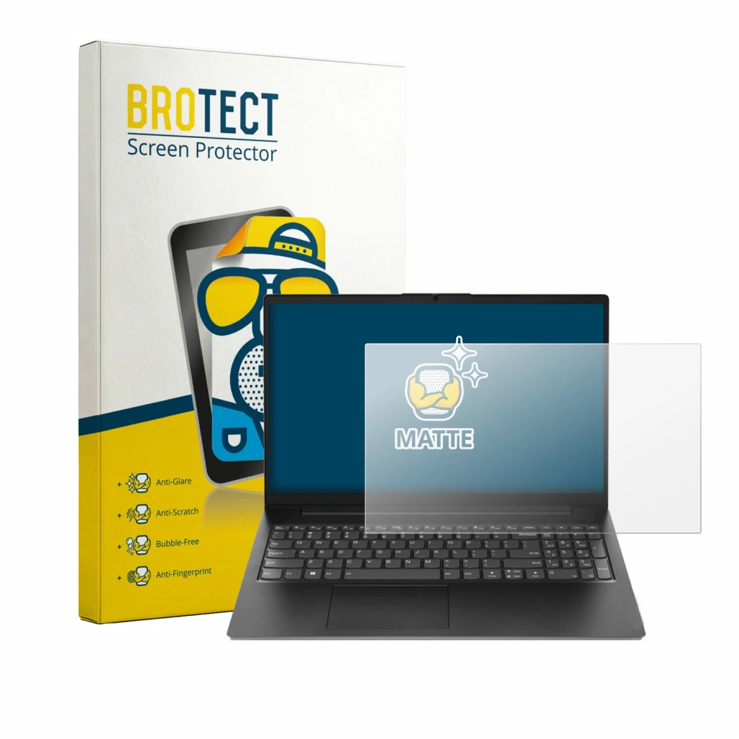 Parte frontal de un envase de producto con el logotipo de la marca BROTECT. Al lado se muestra el dispositivo Lenovo V15 Gen 7