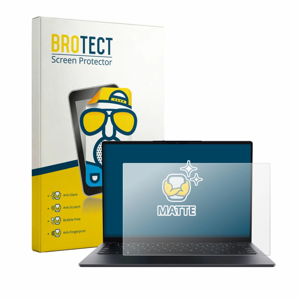 Parte frontal de un envase de producto con el logotipo de la marca BROTECT. Al lado se muestra el dispositivo Chuwi UniBook co
