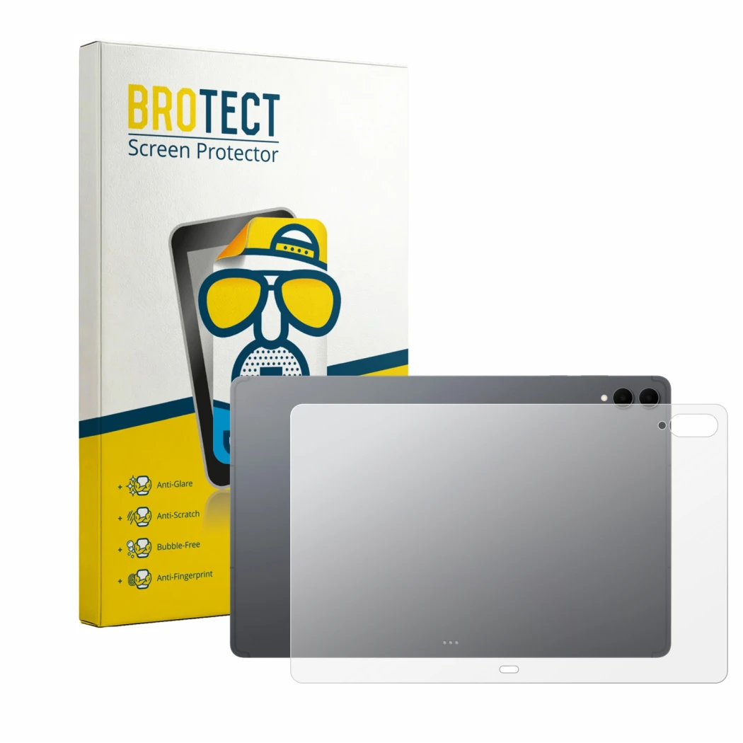 Parte frontal de un envase de producto con el logotipo de la marca BROTECT. Al lado se muestra el dispositivo Samsung Galaxy T