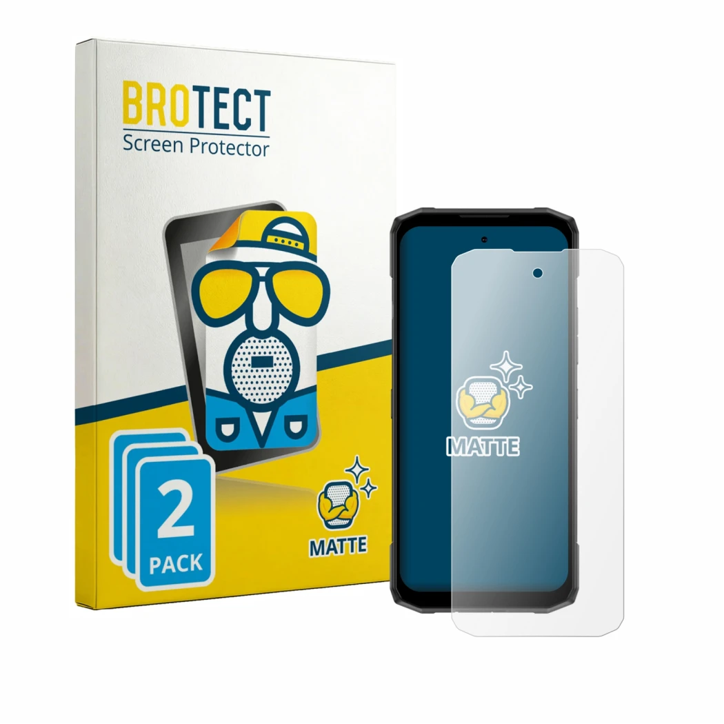 Parte frontal de un envase de producto con el logotipo de la marca BROTECT. Al lado se muestra el dispositivo Doogee Blade 20