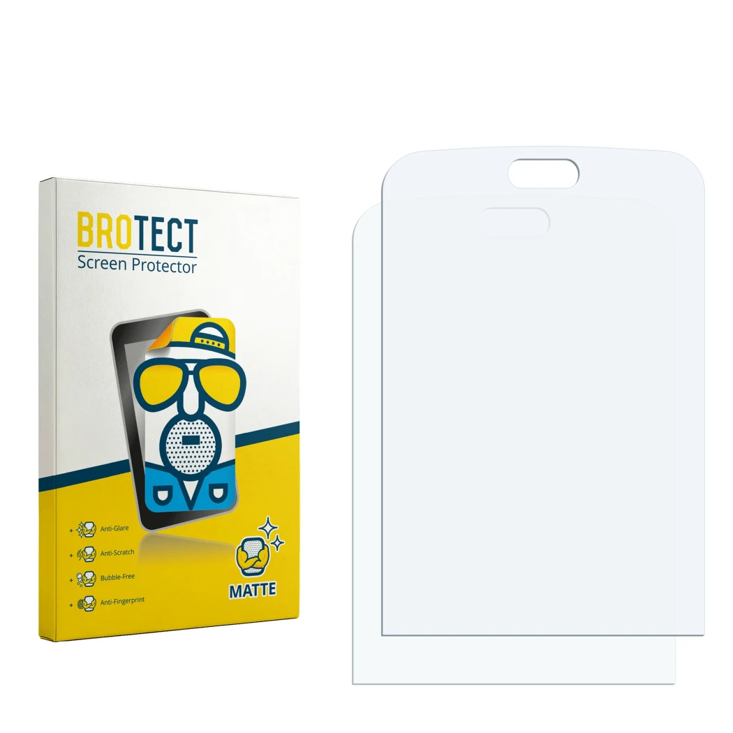 Parte frontal de un envase de producto con el logotipo de la marca BROTECT. Al lado está el protector de pantalla correspondie