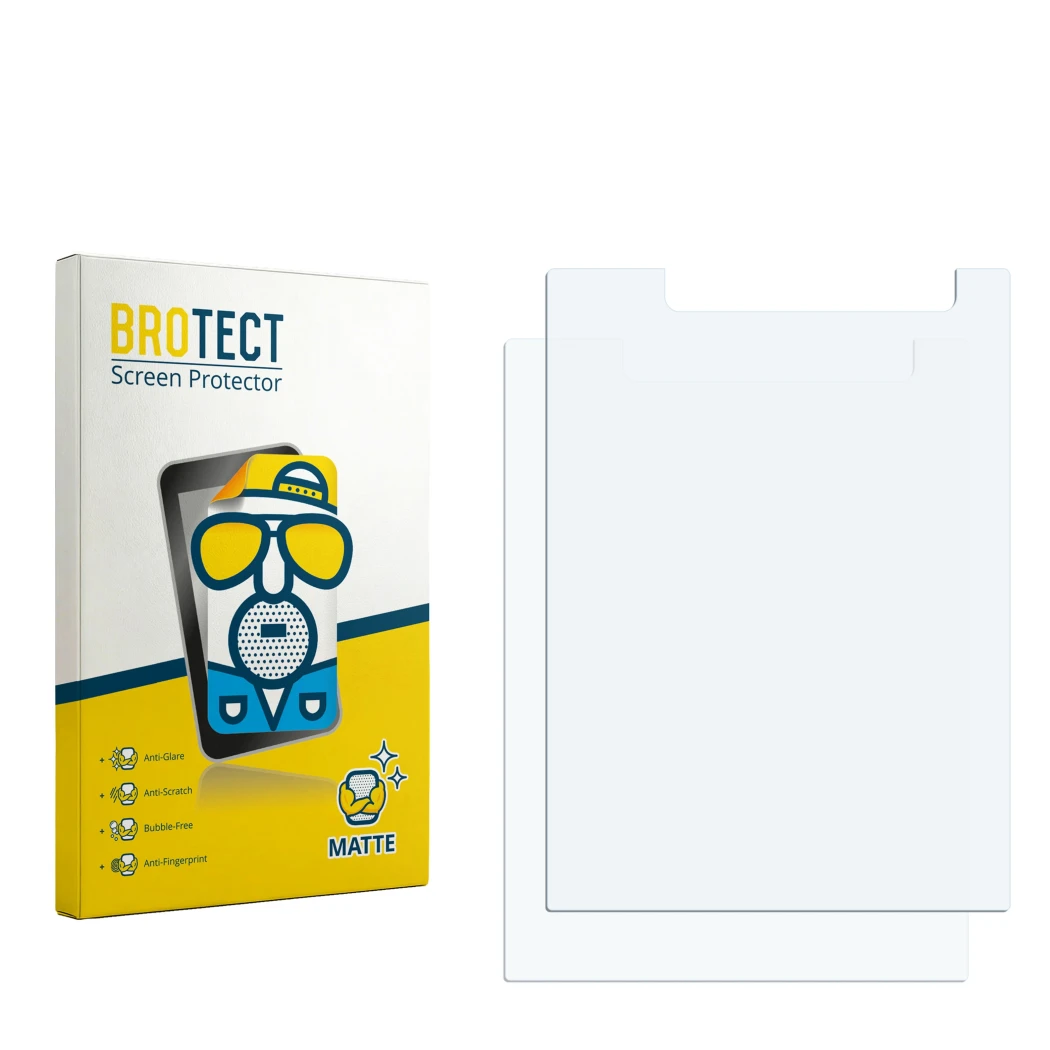 Parte frontal de un envase de producto con el logotipo de la marca BROTECT. Al lado está el protector de pantalla correspondie