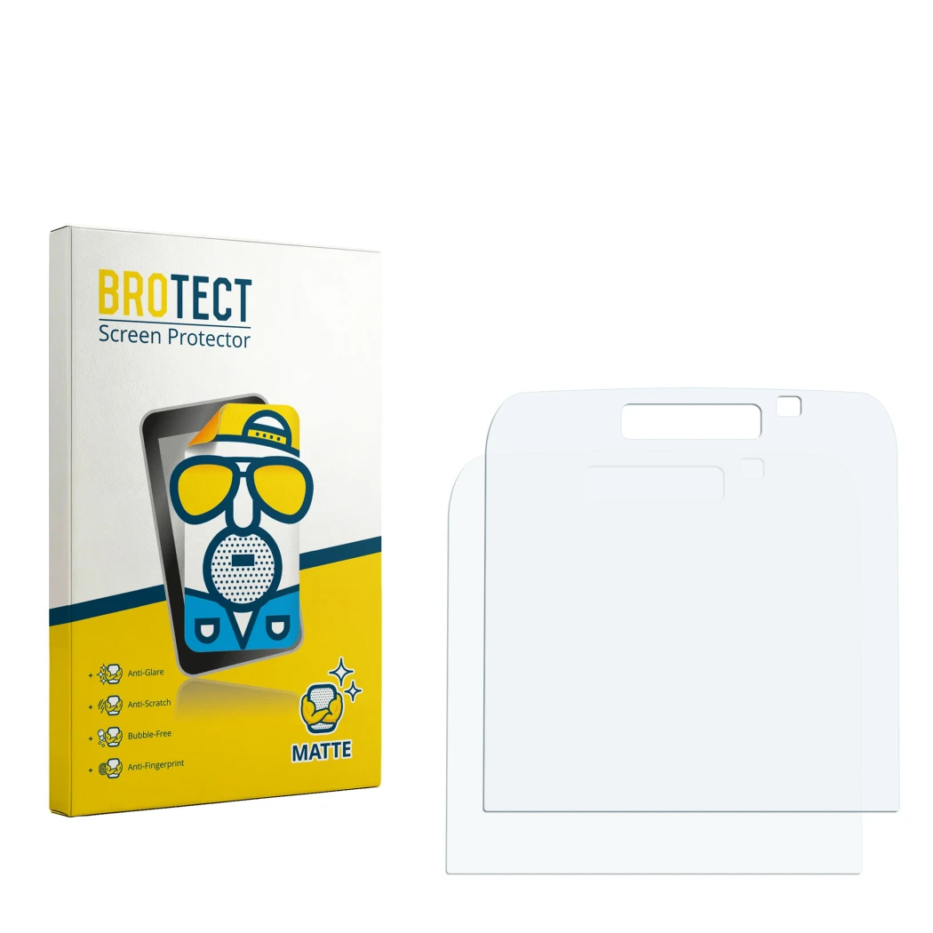 Parte frontal de un envase de producto con el logotipo de la marca BROTECT. Al lado está el protector de pantalla correspondie