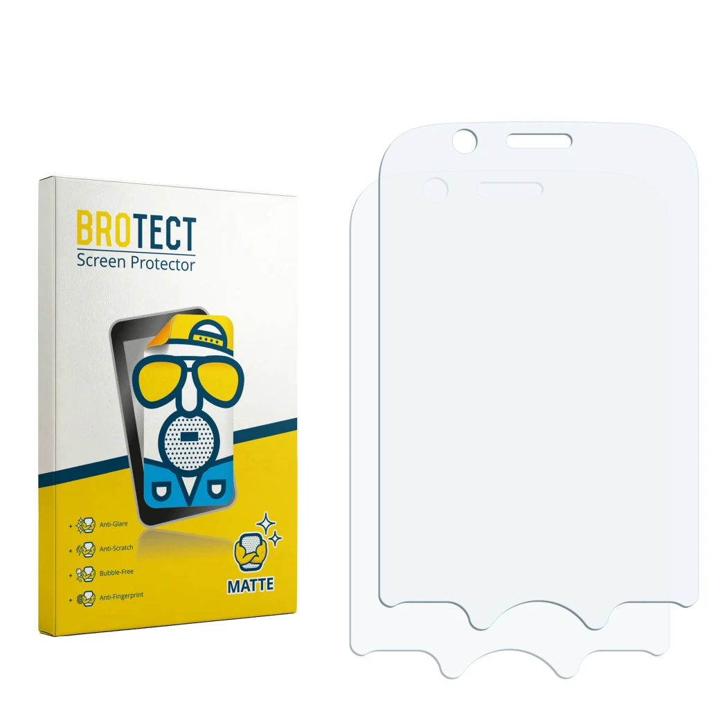 Parte frontal de un envase de producto con el logotipo de la marca BROTECT. Al lado está el protector de pantalla correspondie