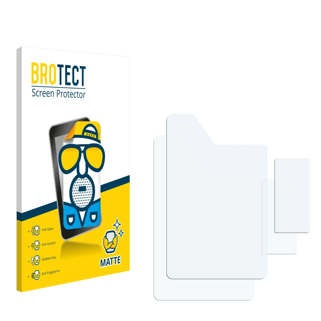 Parte frontal de un envase de producto con el logotipo de la marca BROTECT. Al lado está el protector de pantalla correspondie