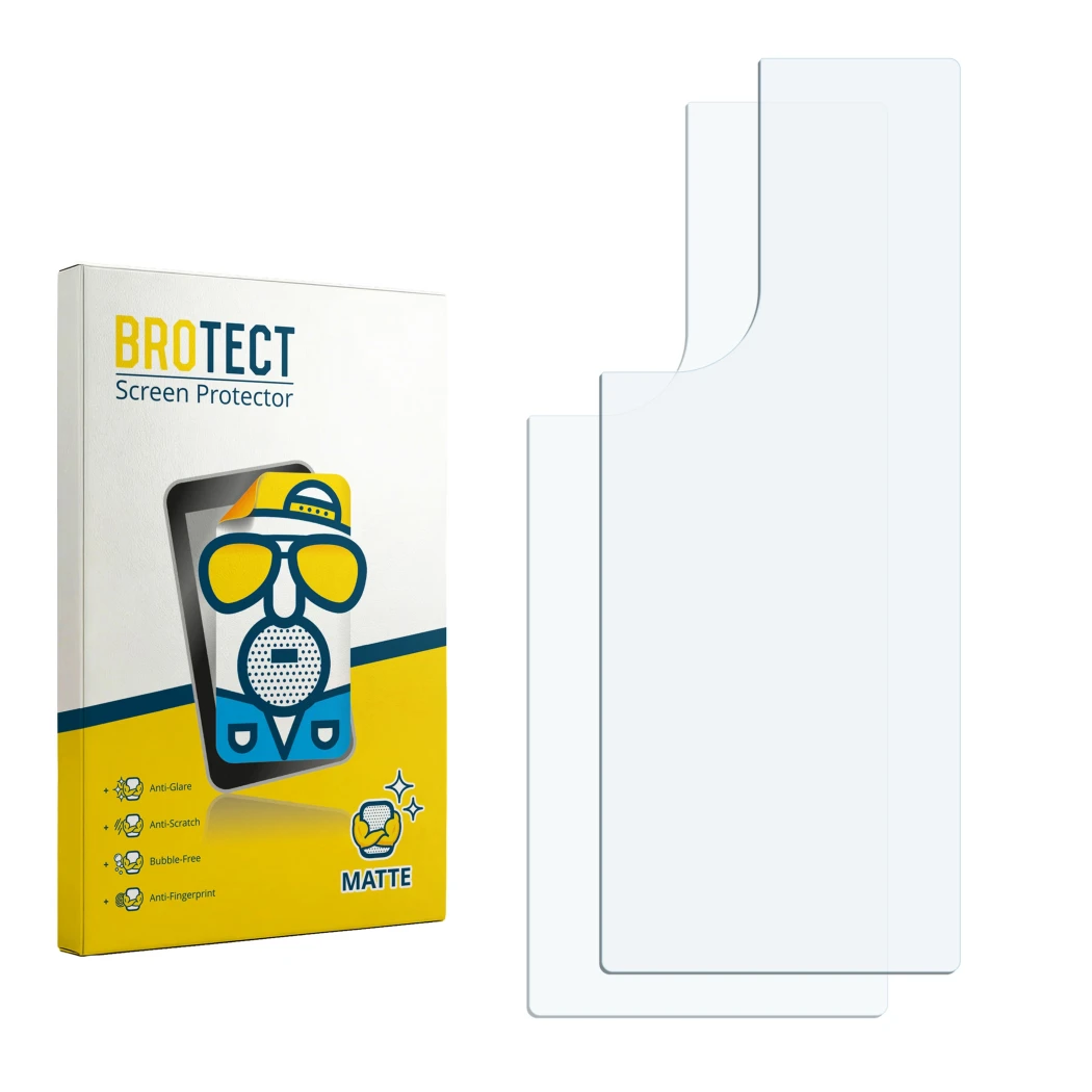 Parte frontal de un envase de producto con el logotipo de la marca BROTECT. Al lado está el protector de pantalla correspondie