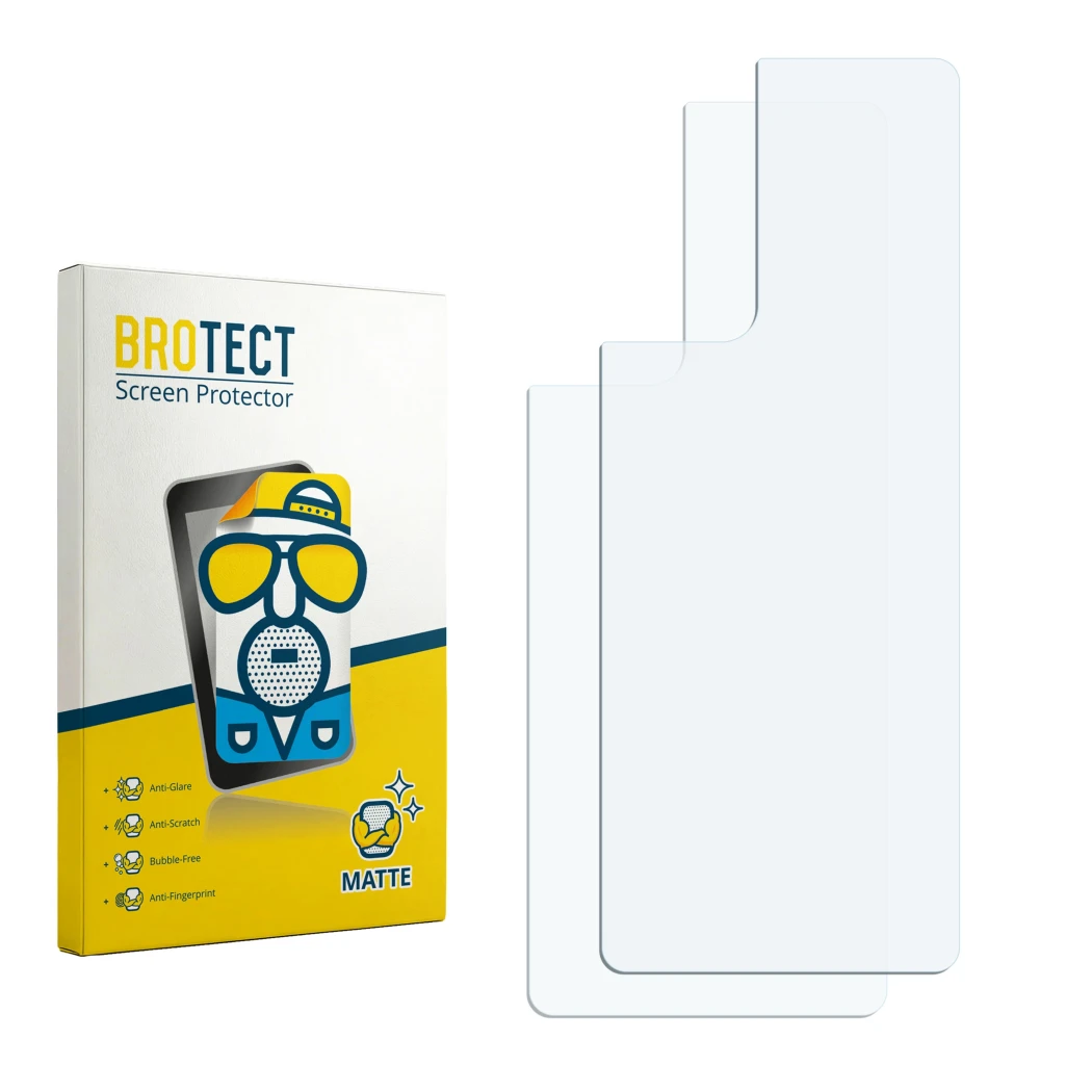 Parte frontal de un envase de producto con el logotipo de la marca BROTECT. Al lado está el protector de pantalla correspondie