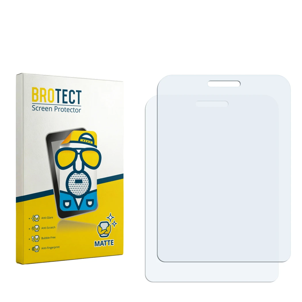 Parte frontal de un envase de producto con el logotipo de la marca BROTECT. Al lado está el protector de pantalla correspondie