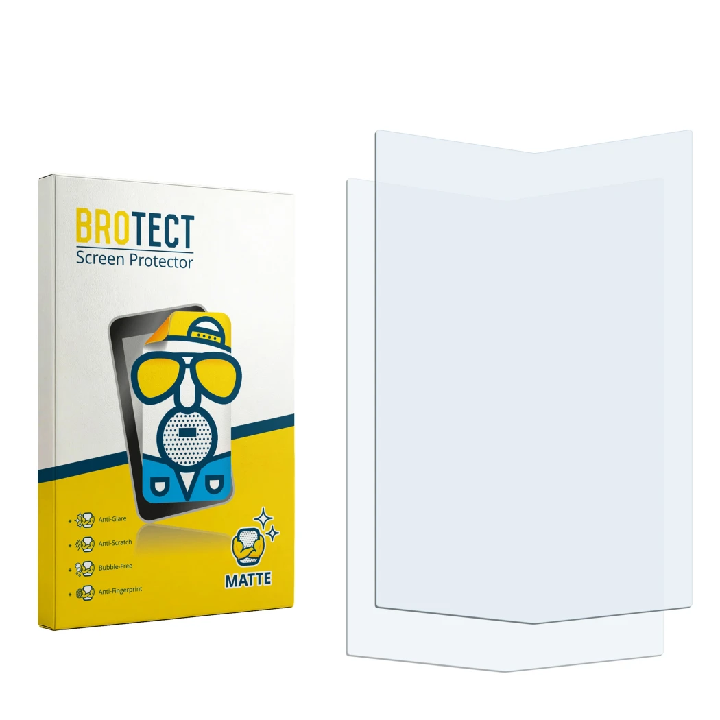 Parte frontal de un envase de producto con el logotipo de la marca BROTECT. Al lado está el protector de pantalla correspondie