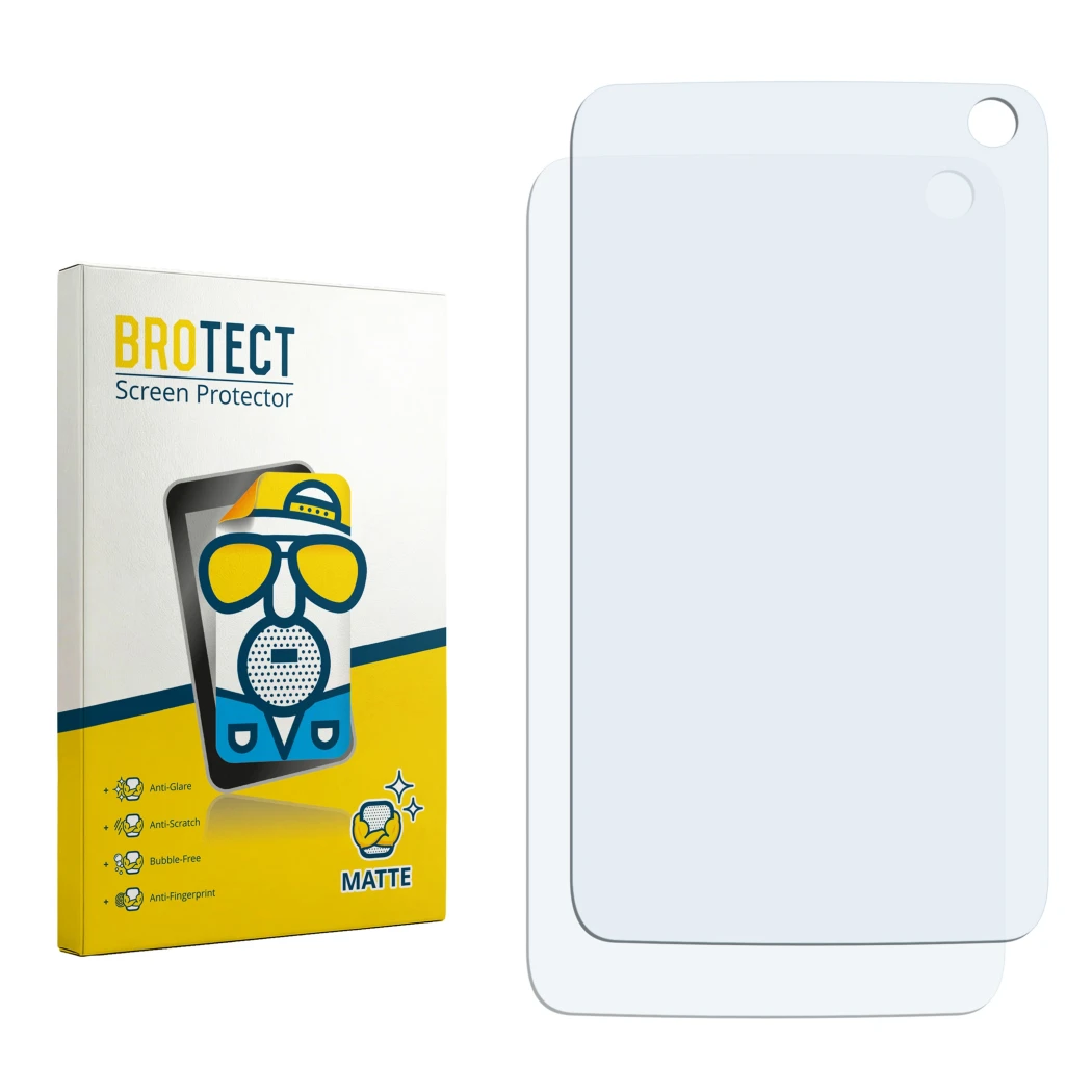 Parte frontal de un envase de producto con el logotipo de la marca BROTECT. Al lado está el protector de pantalla correspondie