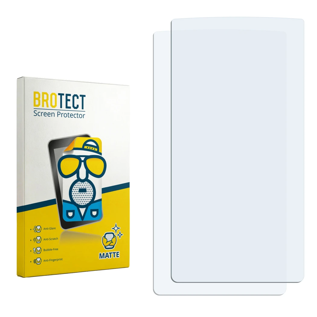 Parte frontal de un envase de producto con el logotipo de la marca BROTECT. Al lado está el protector de pantalla correspondie