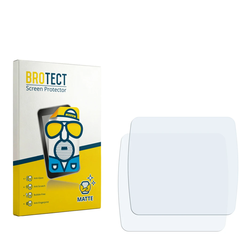 Parte frontal de un envase de producto con el logotipo de la marca BROTECT. Al lado está el protector de pantalla correspondie