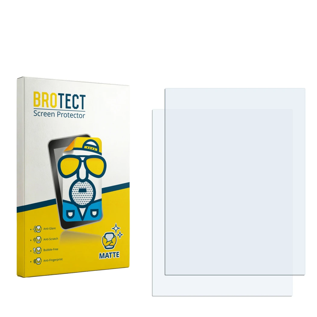 Parte frontal de un envase de producto con el logotipo de la marca BROTECT. Al lado está el protector de pantalla correspondie