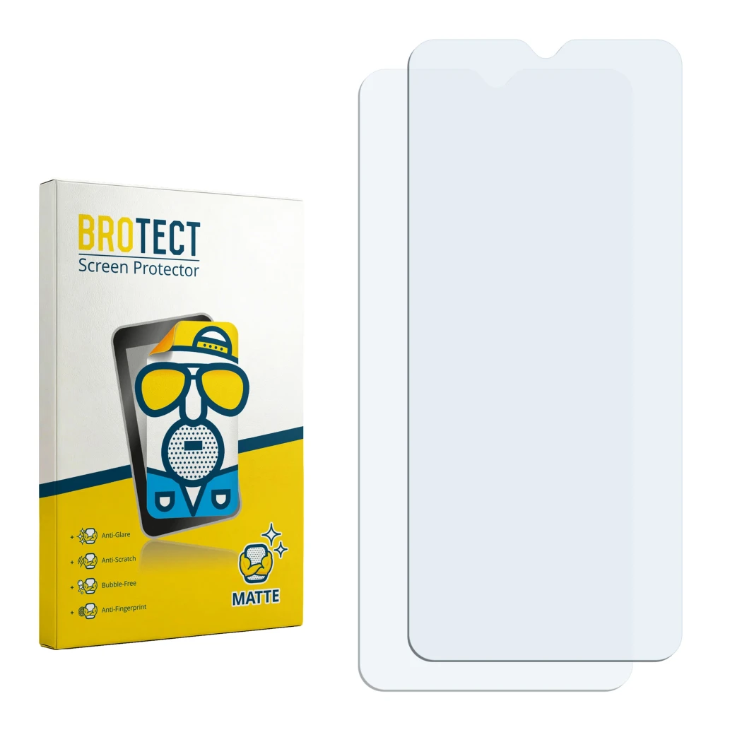 Parte frontal de un envase de producto con el logotipo de la marca BROTECT. Al lado está el protector de pantalla correspondie