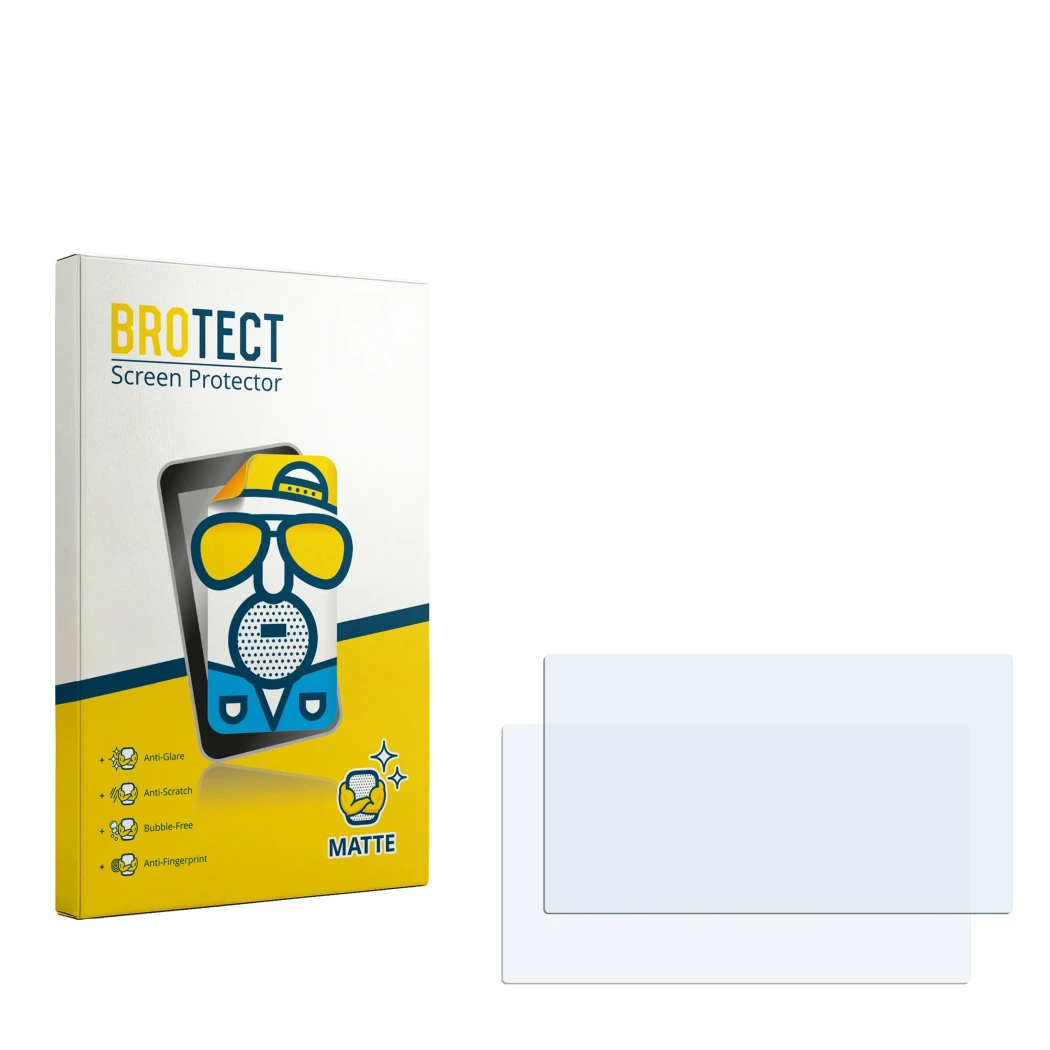 Parte frontal de un envase de producto con el logotipo de la marca BROTECT. Al lado está el protector de pantalla correspondie