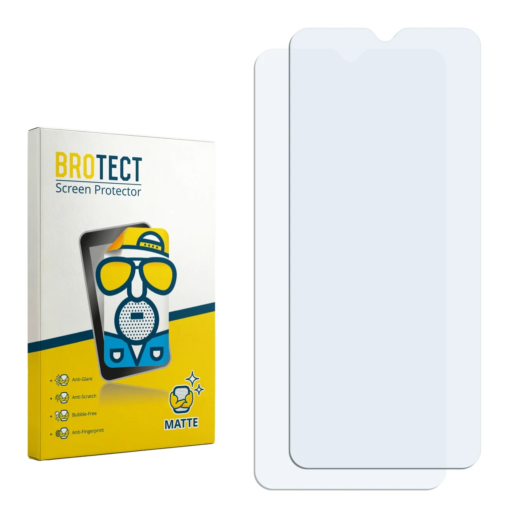 Parte frontal de un envase de producto con el logotipo de la marca BROTECT. Al lado está el protector de pantalla correspondie