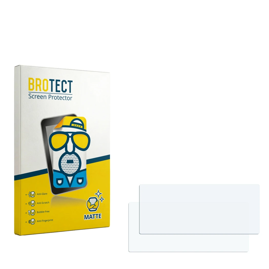 Parte frontal de un envase de producto con el logotipo de la marca BROTECT. Al lado está el protector de pantalla correspondie