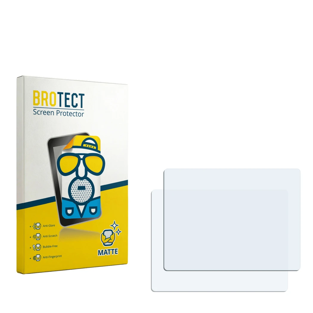 Parte frontal de un envase de producto con el logotipo de la marca BROTECT. Al lado está el protector de pantalla correspondie