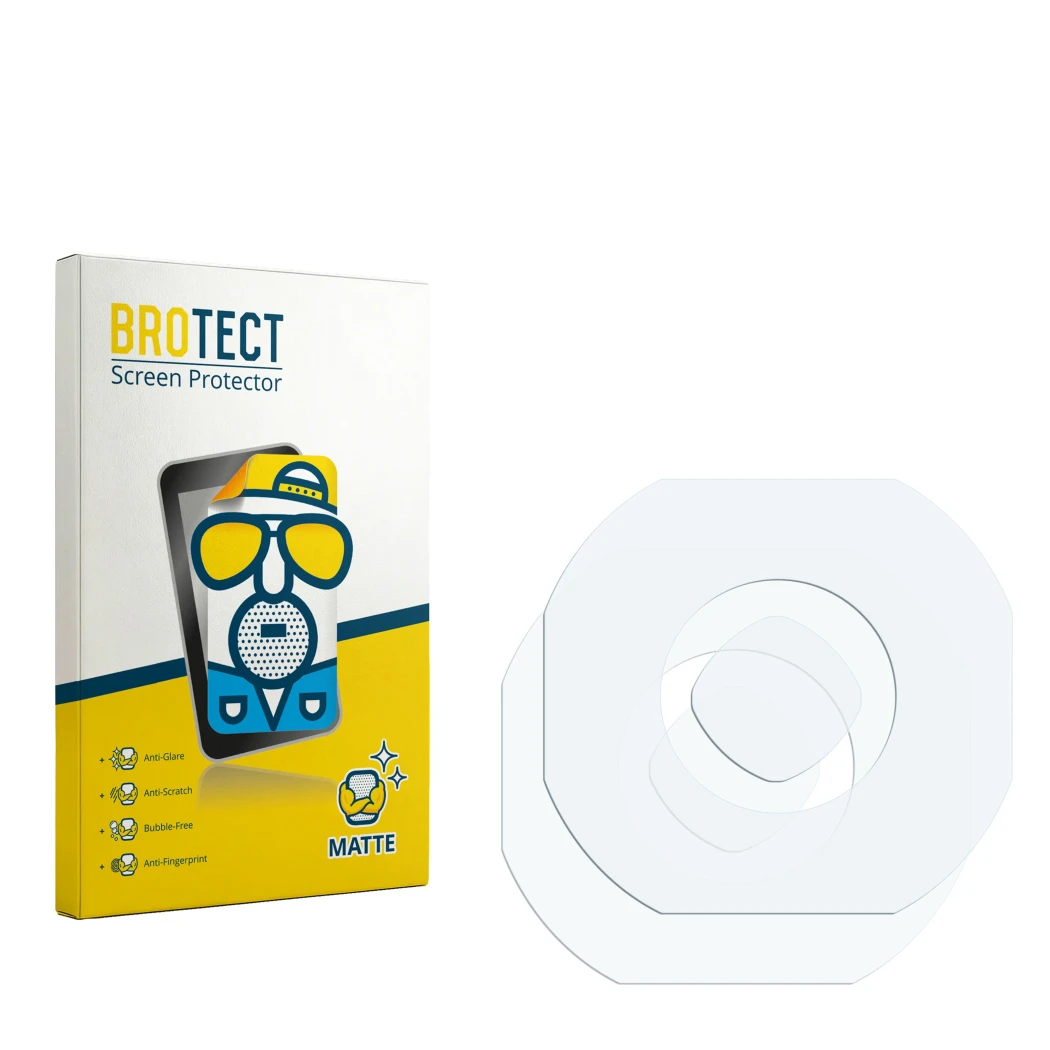 Parte frontal de un envase de producto con el logotipo de la marca BROTECT. Al lado está el protector de pantalla correspondie