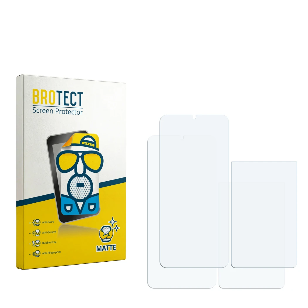 Parte frontal de un envase de producto con el logotipo de la marca BROTECT. Al lado está el protector de pantalla correspondie