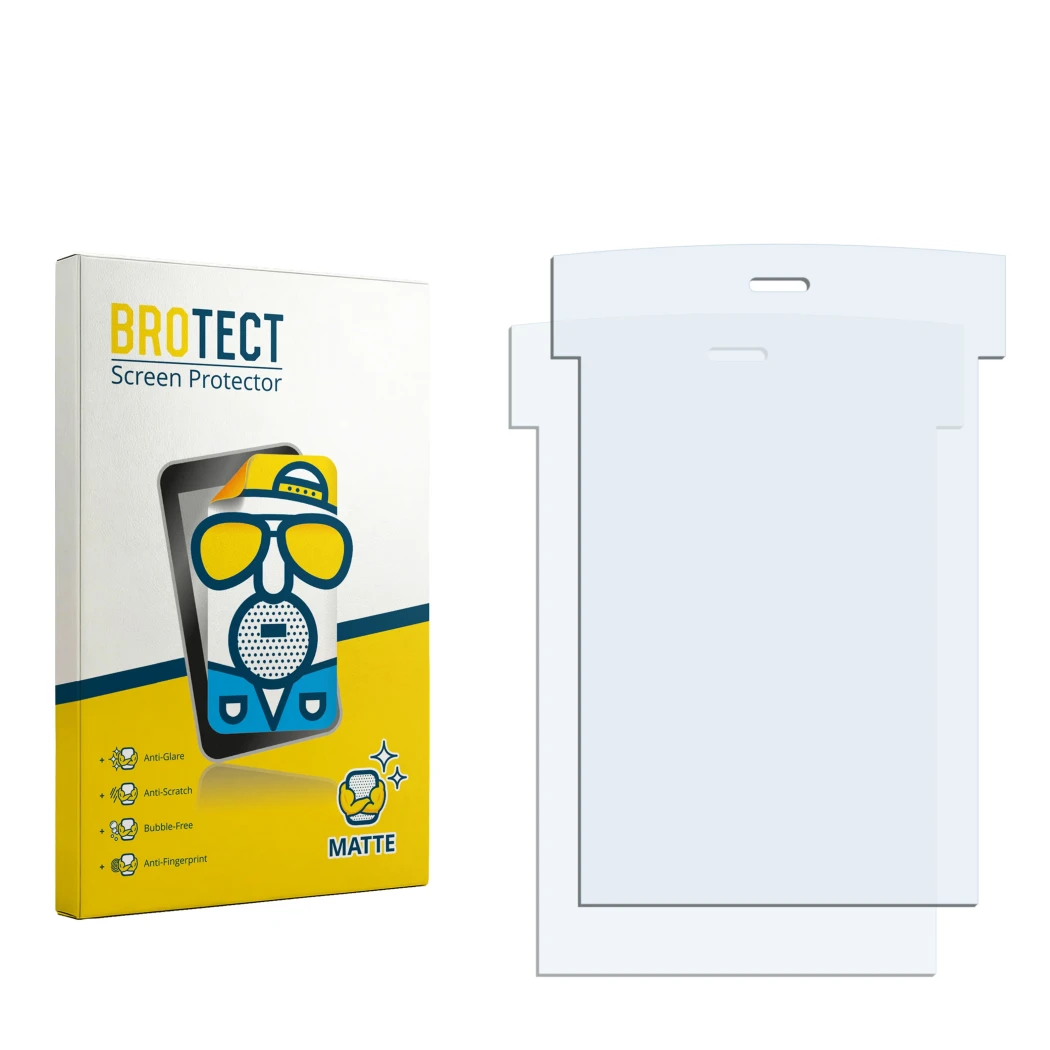Parte frontal de un envase de producto con el logotipo de la marca BROTECT. Al lado está el protector de pantalla correspondie