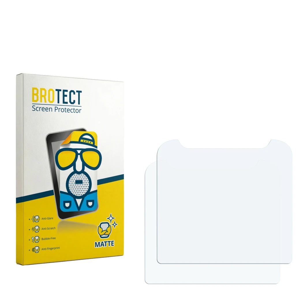 Parte frontal de un envase de producto con el logotipo de la marca BROTECT. Al lado está el protector de pantalla correspondie