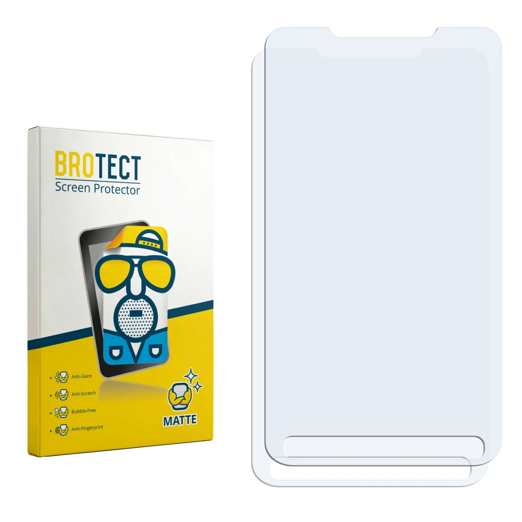 Parte frontal de un envase de producto con el logotipo de la marca BROTECT. Al lado está el protector de pantalla correspondie