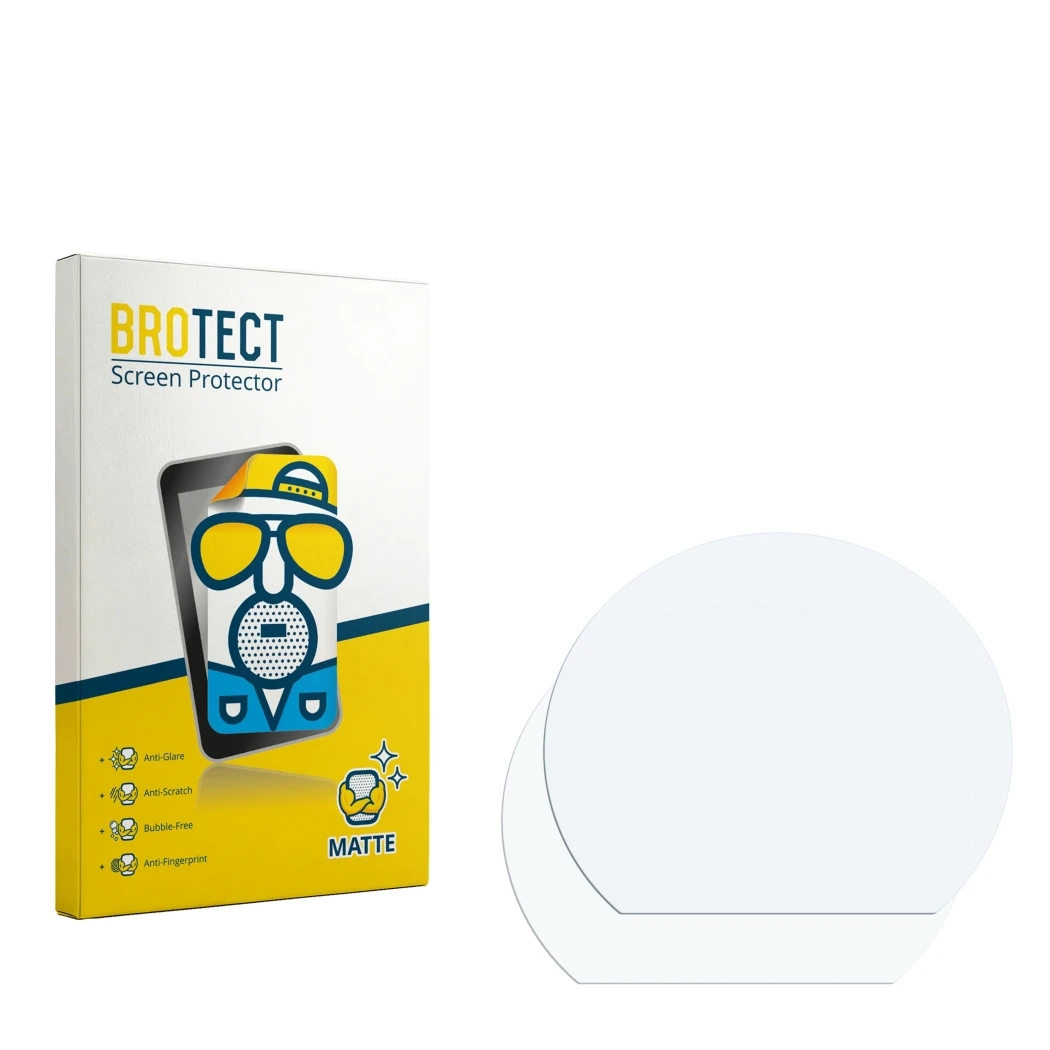 Parte frontal de un envase de producto con el logotipo de la marca BROTECT. Al lado está el protector de pantalla correspondie
