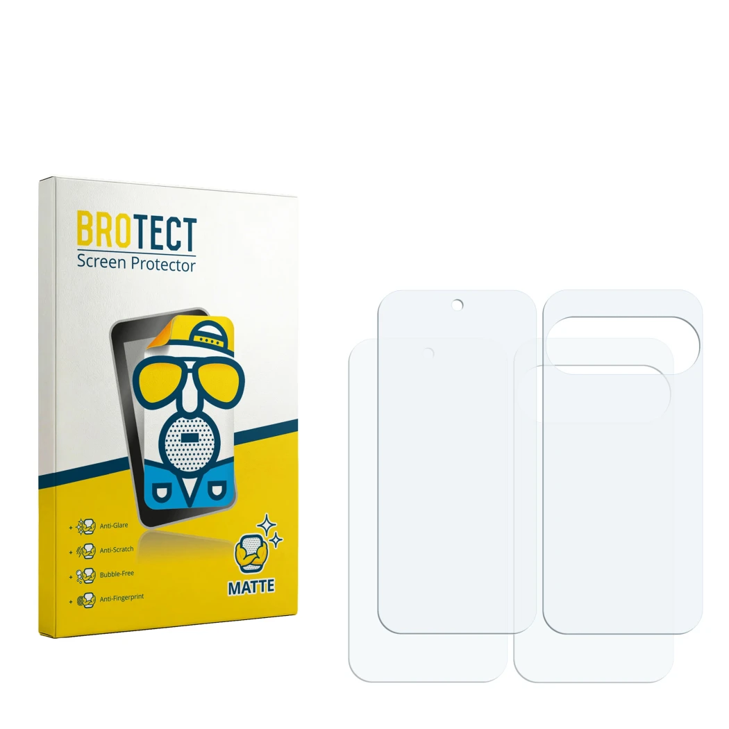 Parte frontal de un envase de producto con el logotipo de la marca BROTECT. Al lado está el protector de pantalla correspondie