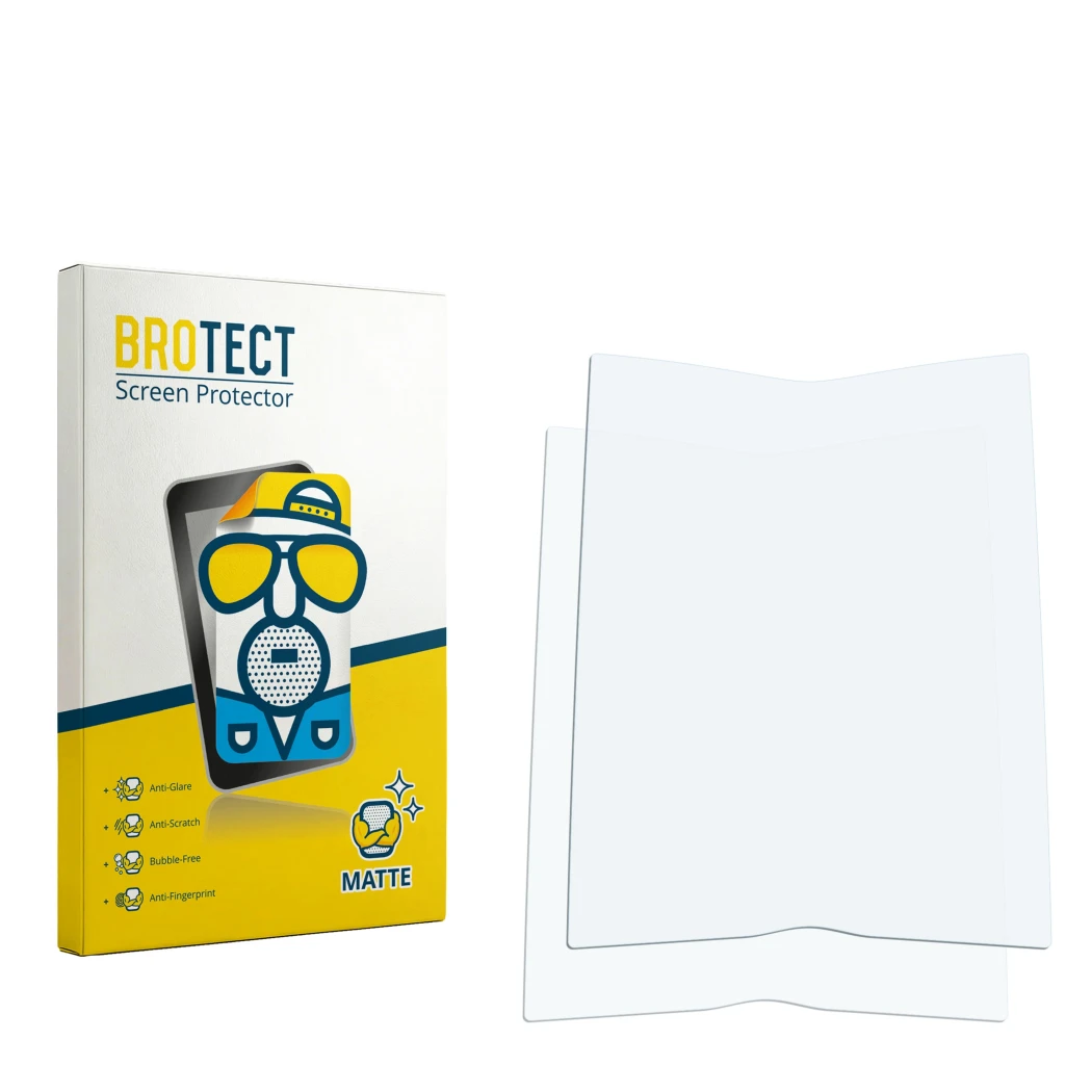 Parte frontal de un envase de producto con el logotipo de la marca BROTECT. Al lado está el protector de pantalla correspondie