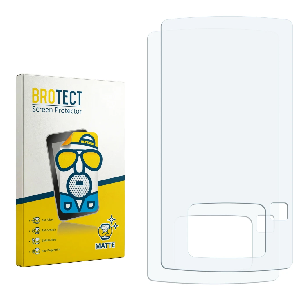 Parte frontal de un envase de producto con el logotipo de la marca BROTECT. Al lado está el protector de pantalla correspondie