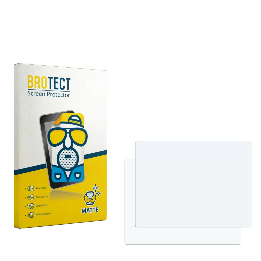 Parte frontal de un envase de producto con el logotipo de la marca BROTECT. Al lado está el protector de pantalla correspondie