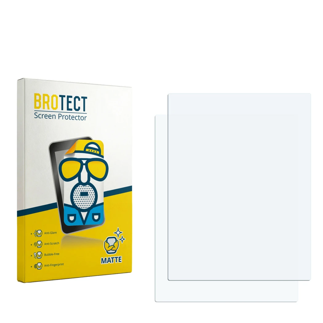Parte frontal de un envase de producto con el logotipo de la marca BROTECT. Al lado está el protector de pantalla correspondie