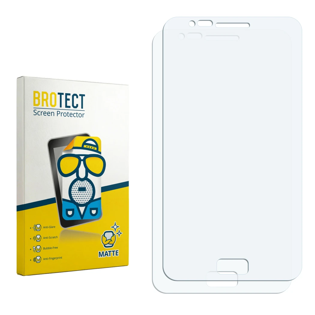 Parte frontal de un envase de producto con el logotipo de la marca BROTECT. Al lado está el protector de pantalla correspondie